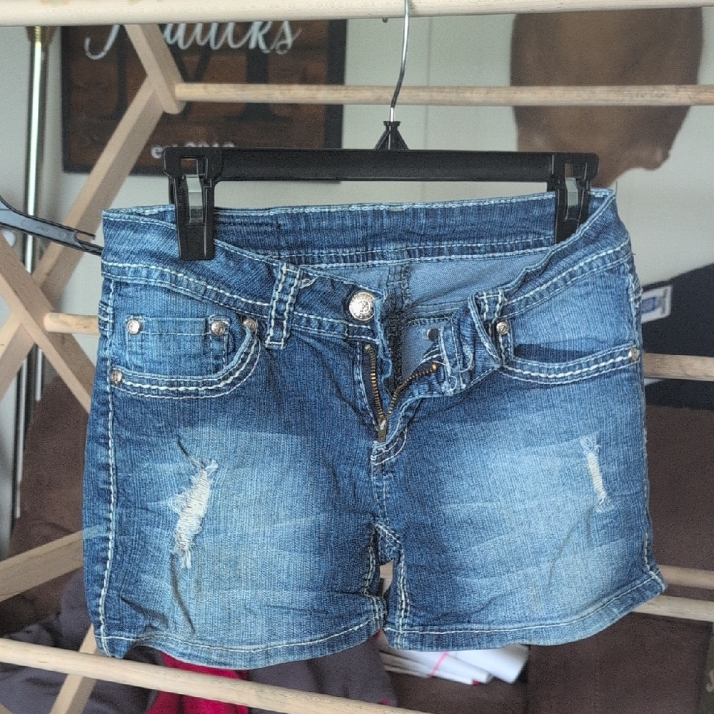 Distressed Blue Jean Shorts with Cut-Off Hem